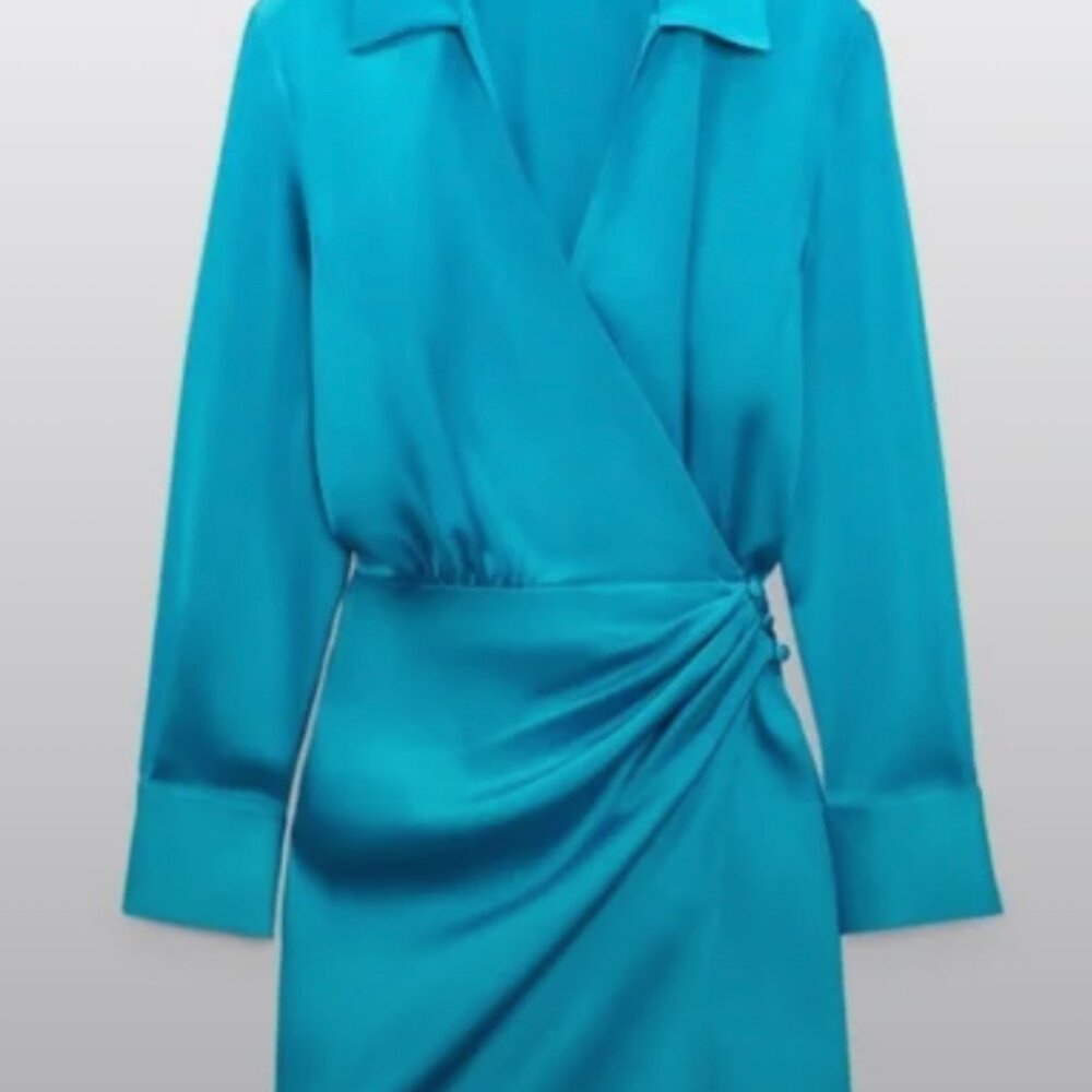 NWT Zara DRESS BLUE MARL turquoise satin effect wrap dress - Sz M